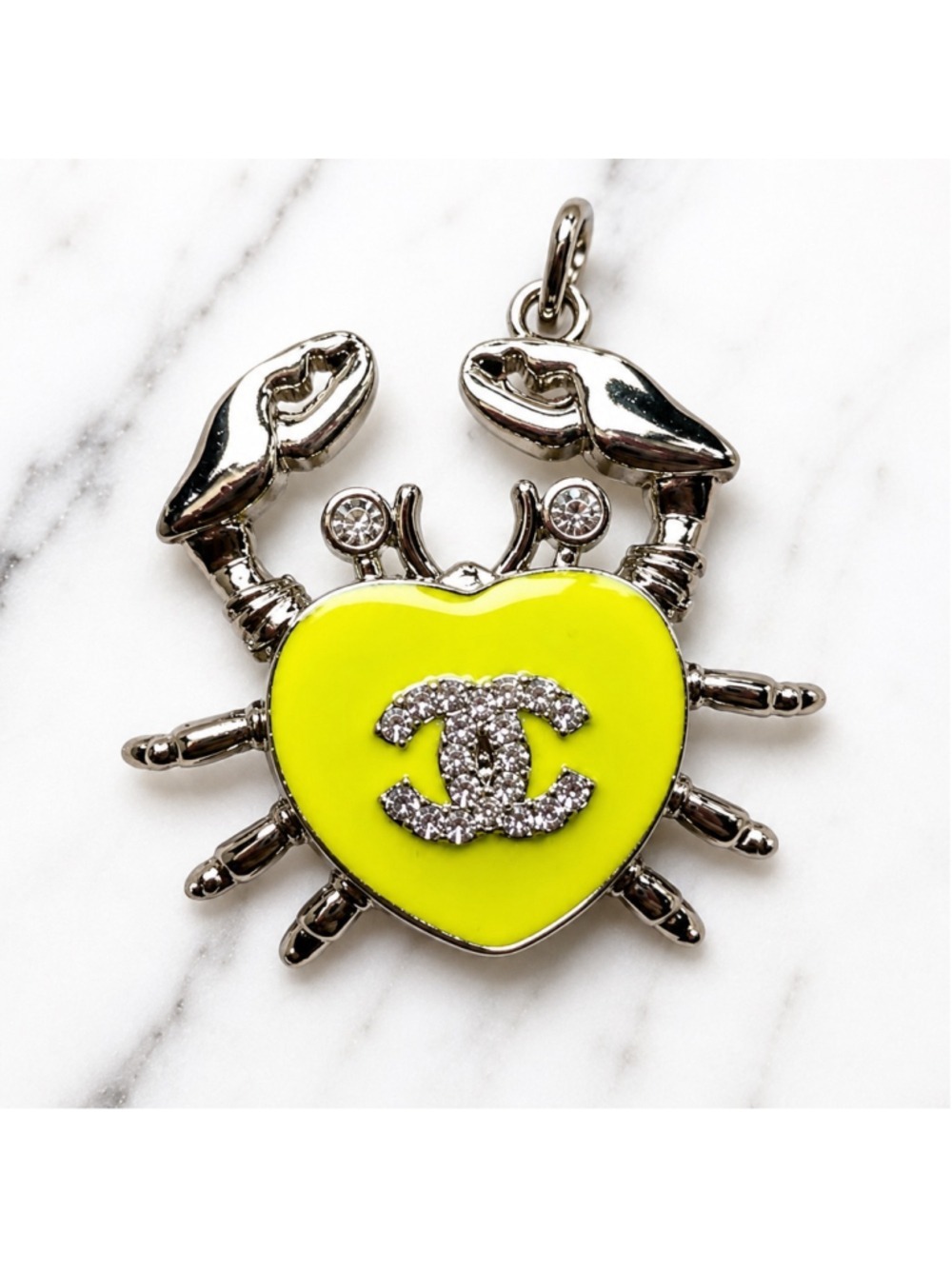 Chanel Neon Yellow Heart Crab Charm Pendant Rhinestone CC Rare Collector Piece